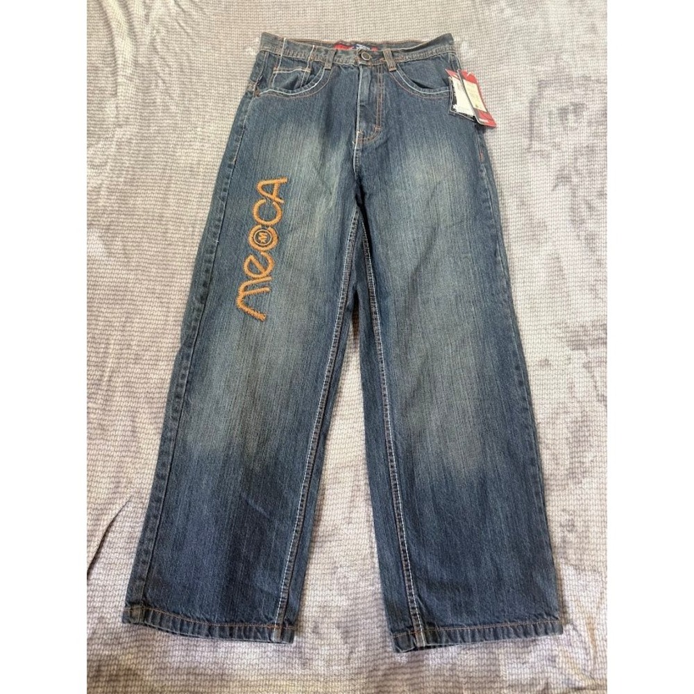 Mecca USA Vintage Wide Leg Baggy‎ Jeans 12 Blue Denim Embroidered Logo NWT 26X26